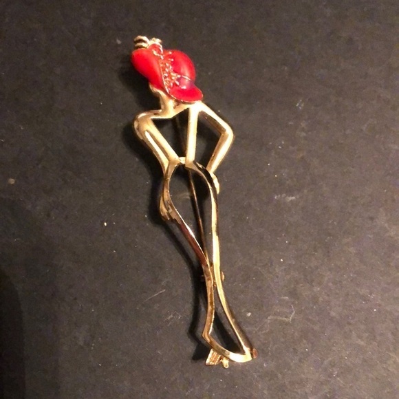 unknown Jewelry - Red hat lady’s gold tone signature brooch pin​